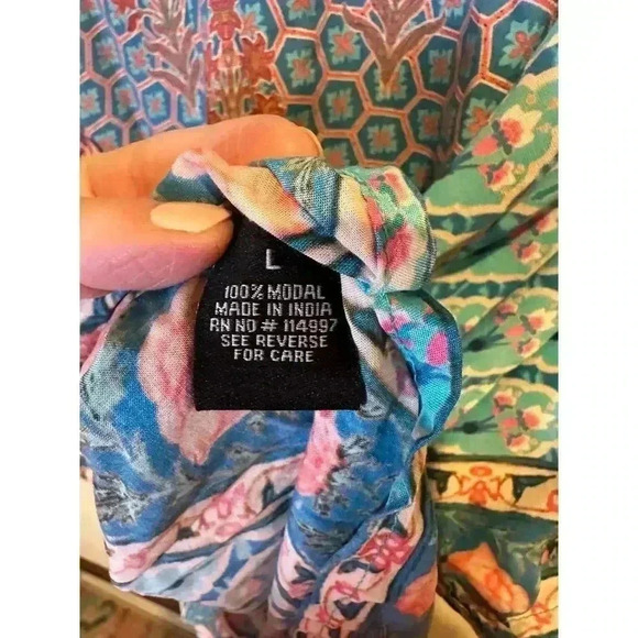 Tolani Womens L Geometric Print Tunic Top Turquoise Boho Artsy Kimono Pullover - Picture 4 of 9